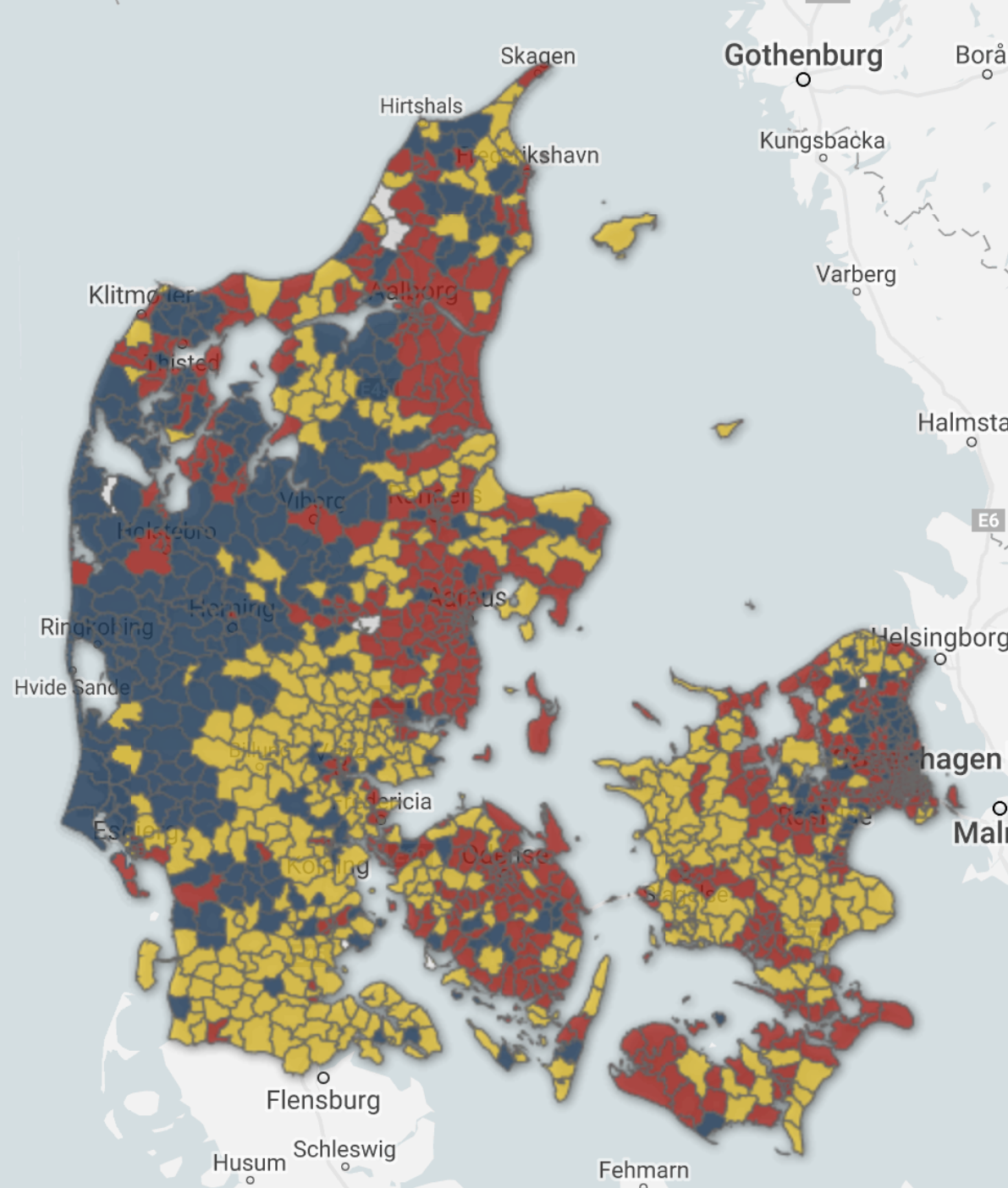 Map of election results in Denmark, visualised for each constituency