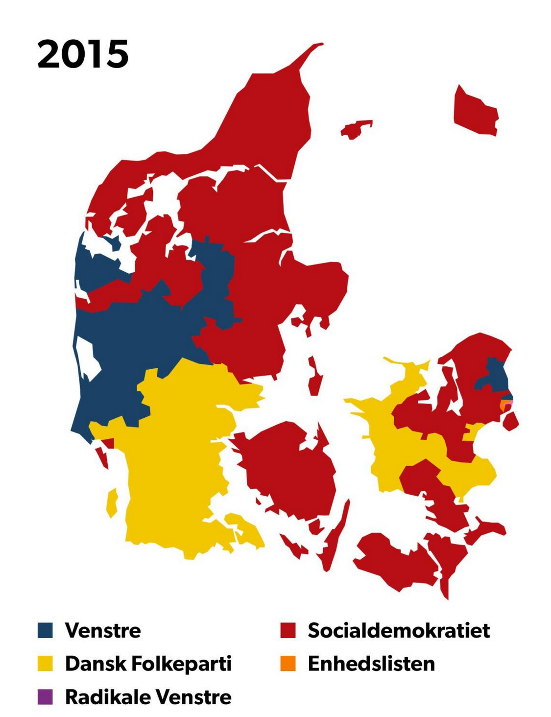 Map of election results in Denmark, visualised for each municipality