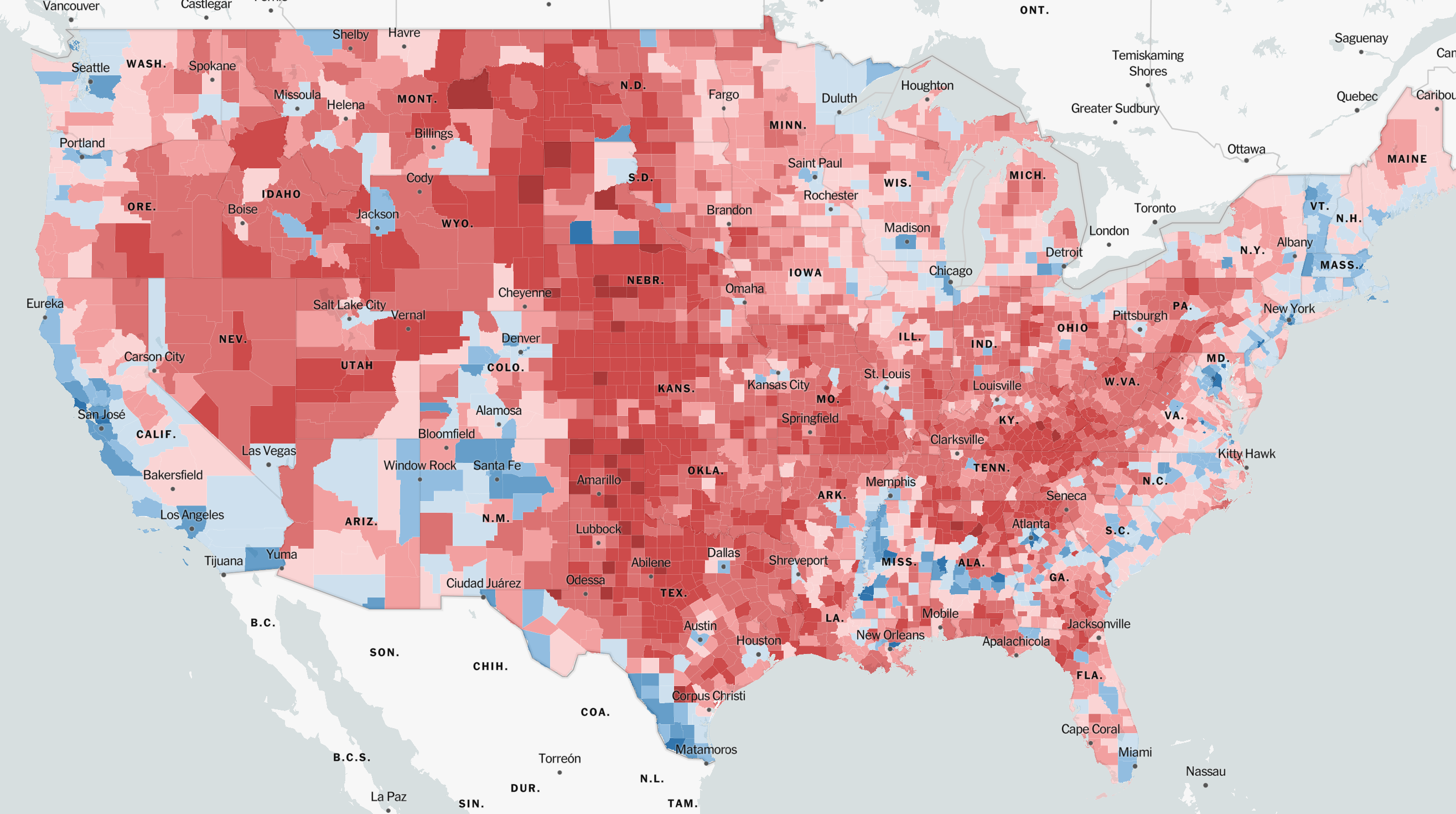 Map of US election results in 2016, using shades to visualize population density